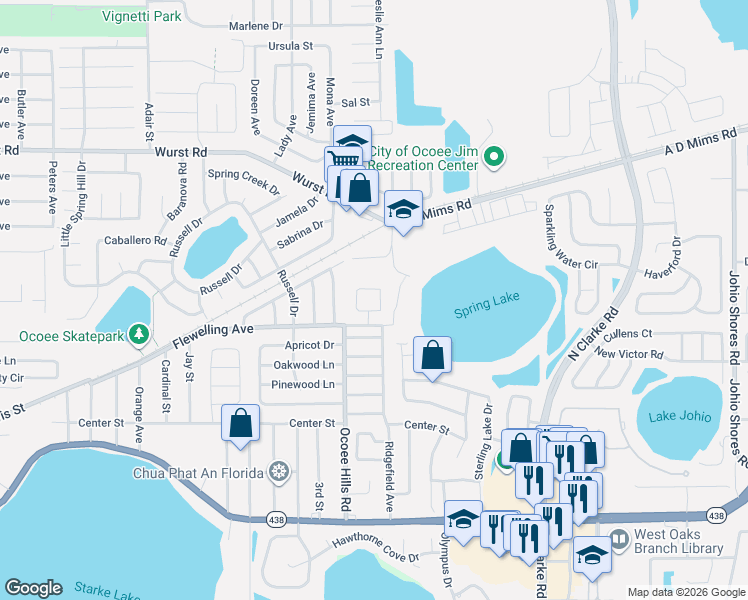 map of restaurants, bars, coffee shops, grocery stores, and more near 721 Lakeview Drive in Ocoee