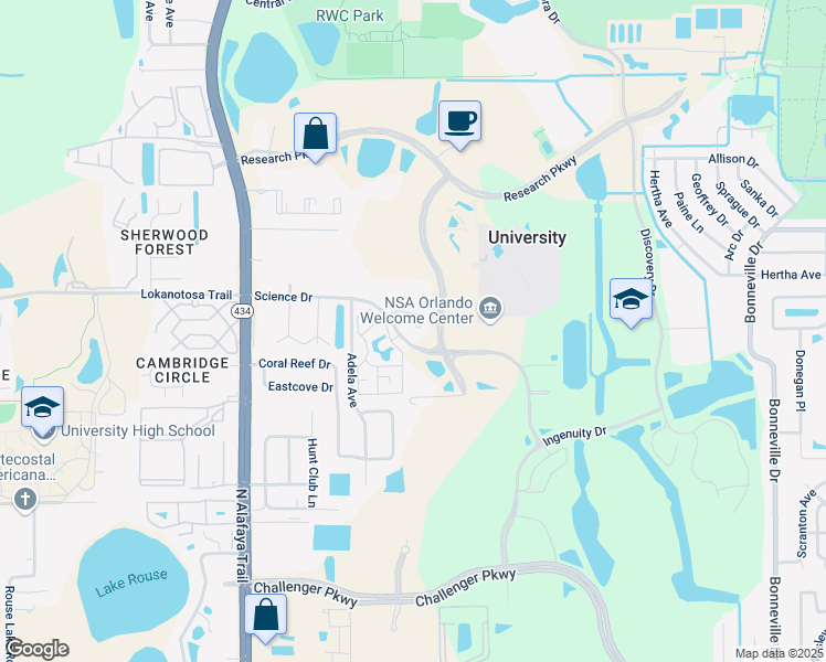 map of restaurants, bars, coffee shops, grocery stores, and more near 12175 Science Drive in Orlando