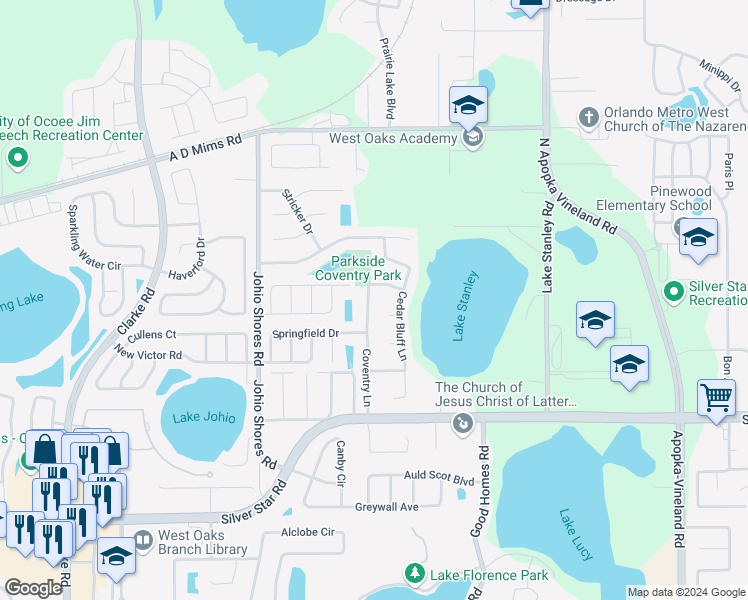 map of restaurants, bars, coffee shops, grocery stores, and more near 2711 Coventry Lane in Ocoee