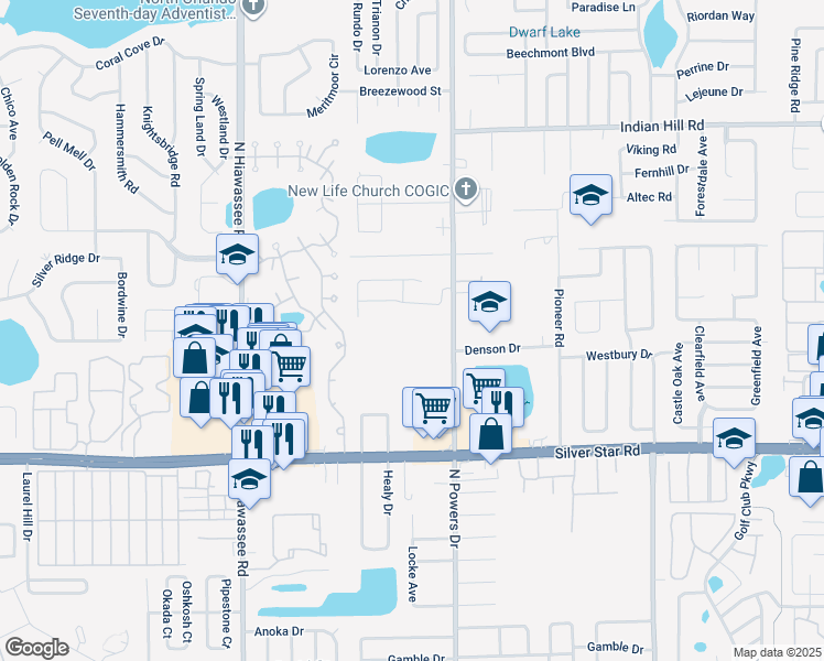 map of restaurants, bars, coffee shops, grocery stores, and more near 3024 North Powers Drive in Orlando