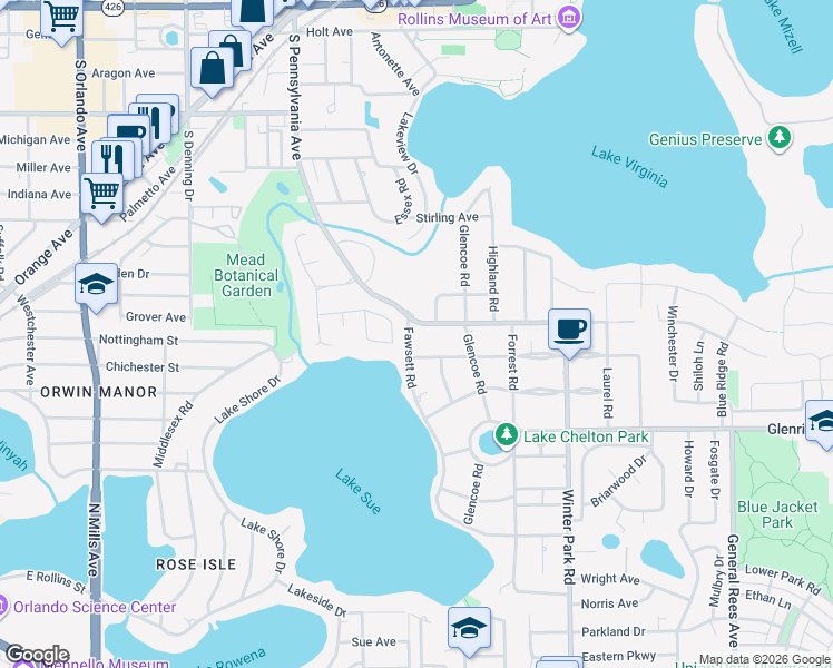 map of restaurants, bars, coffee shops, grocery stores, and more near 227 Salvador Square in Winter Park