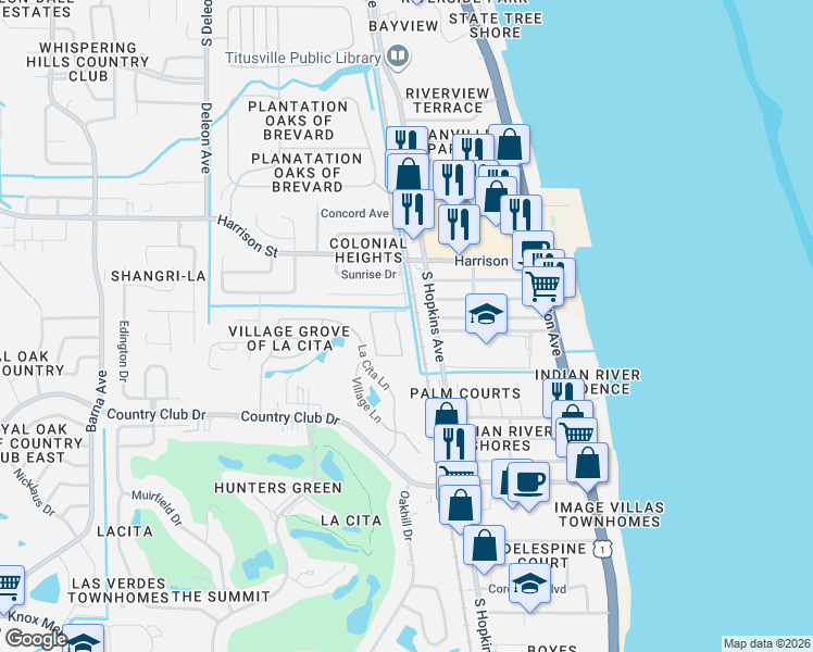 map of restaurants, bars, coffee shops, grocery stores, and more near 2956 Sir Hamilton Circle in Titusville