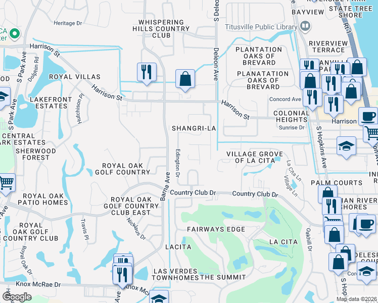 map of restaurants, bars, coffee shops, grocery stores, and more near 1245 La Brea Avenue in Titusville