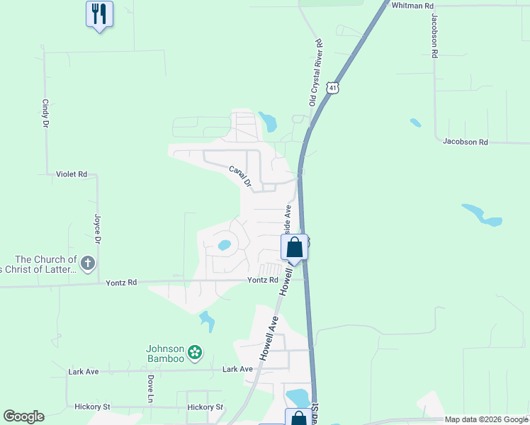 map of restaurants, bars, coffee shops, grocery stores, and more near 21364 Lincoln Lane in Brooksville
