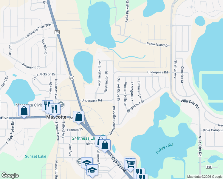 map of restaurants, bars, coffee shops, grocery stores, and more near 4243 Underpass Road in Mascotte