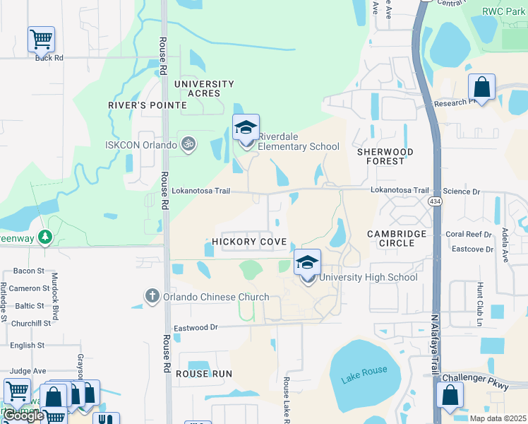 map of restaurants, bars, coffee shops, grocery stores, and more near 2444 Hickory Oak Boulevard in Orlando