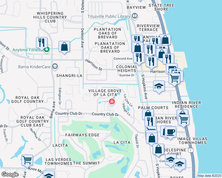 map of restaurants, bars, coffee shops, grocery stores, and more near 2915 La Cita Lane in Titusville