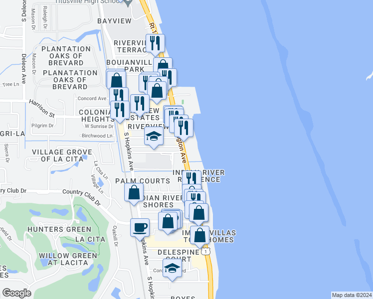 map of restaurants, bars, coffee shops, grocery stores, and more near 2925 South Washington Avenue in Titusville