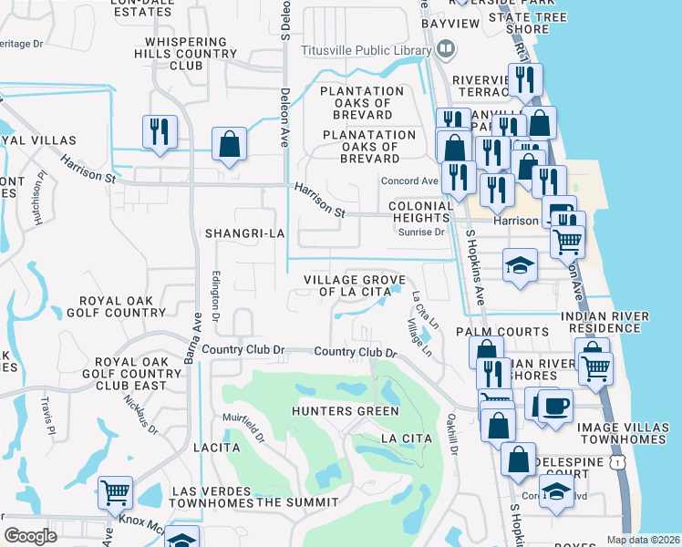 map of restaurants, bars, coffee shops, grocery stores, and more near 3030 La Cita Lane in Titusville