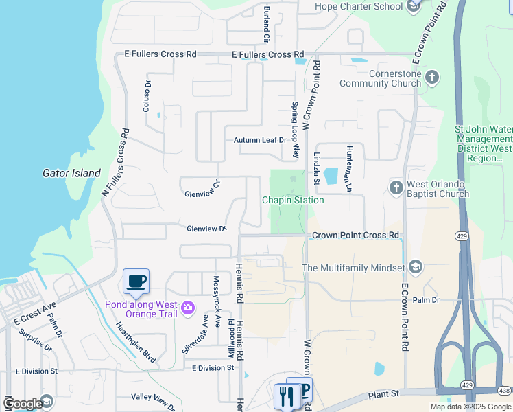 map of restaurants, bars, coffee shops, grocery stores, and more near 1042 Glenharbor Circle in Winter Garden