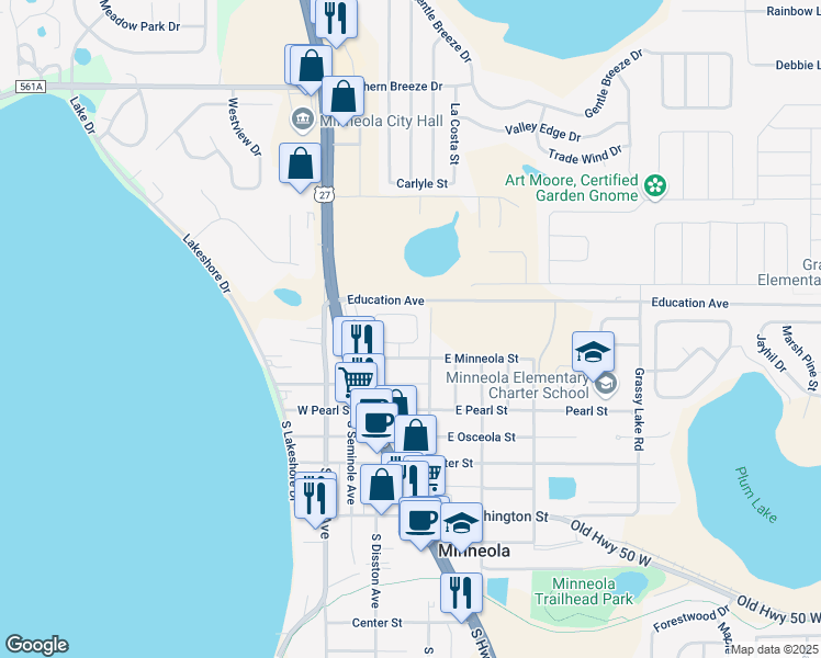 map of restaurants, bars, coffee shops, grocery stores, and more near 225 Ridge Crest Loop in Minneola