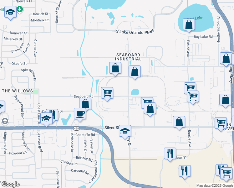 map of restaurants, bars, coffee shops, grocery stores, and more near 4041 Seaboard Road in Orlando