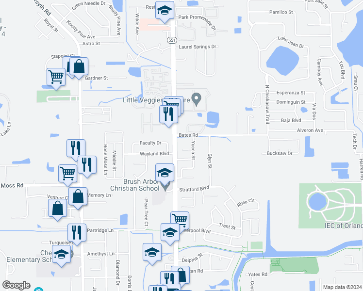 map of restaurants, bars, coffee shops, grocery stores, and more near 2814 Yucca Street in Orlando