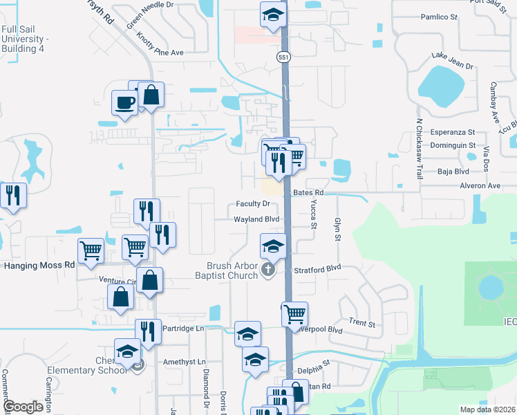 map of restaurants, bars, coffee shops, grocery stores, and more near 7457 Faculty Drive in Orlando