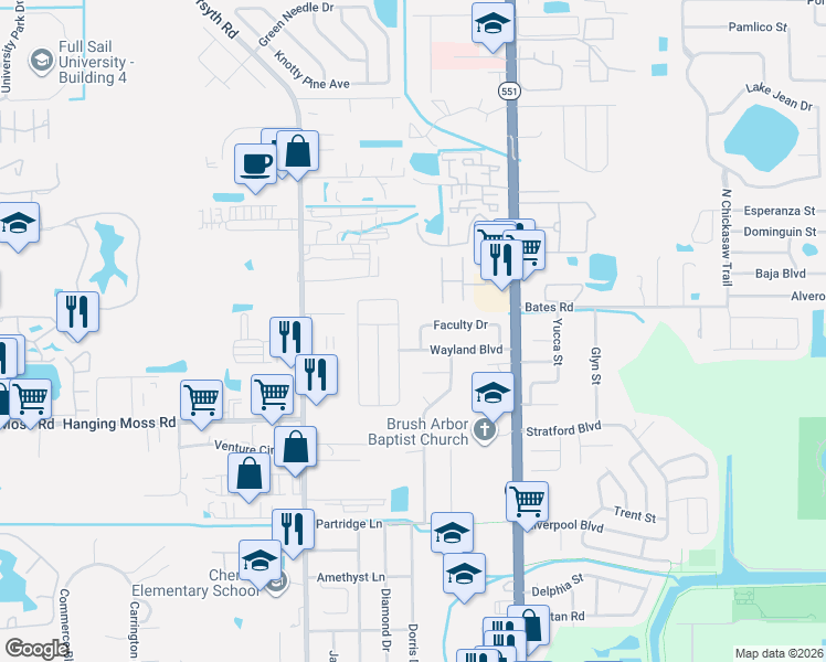 map of restaurants, bars, coffee shops, grocery stores, and more near 7325 English Moss Lane in Orlando