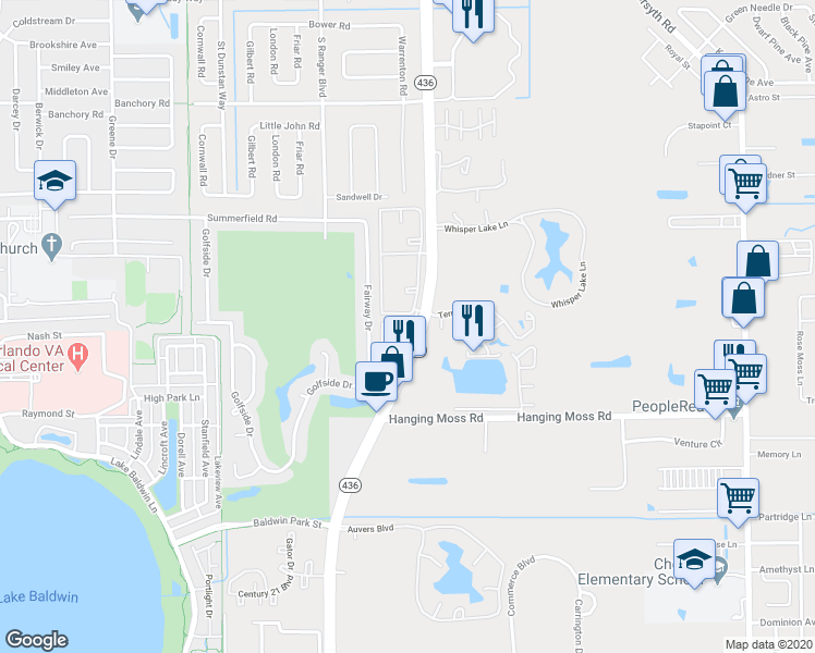 map of restaurants, bars, coffee shops, grocery stores, and more near Golfside Vls in Winter Park