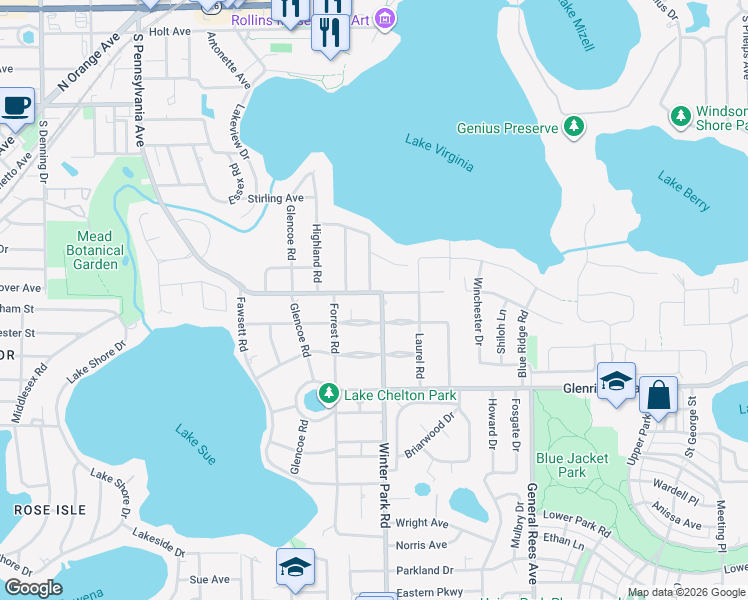 map of restaurants, bars, coffee shops, grocery stores, and more near 1666 Forest Avenue in Winter Park