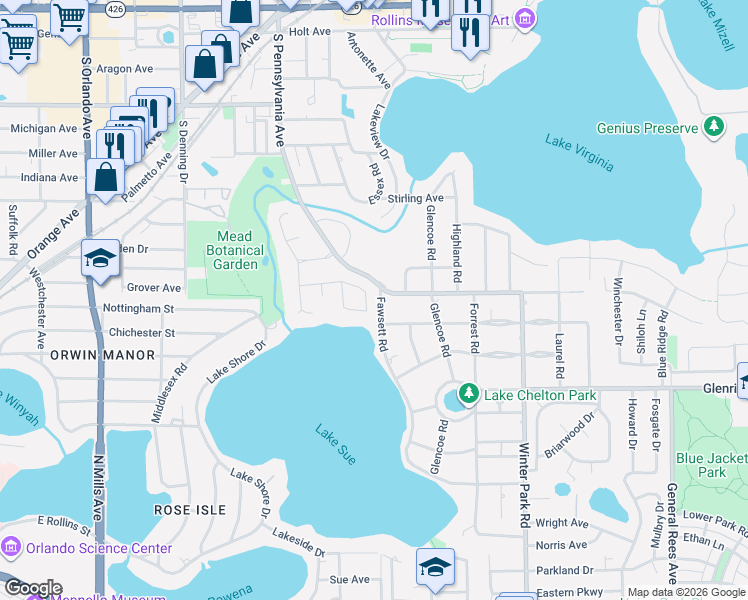 map of restaurants, bars, coffee shops, grocery stores, and more near 227 Salvador Square in Winter Park