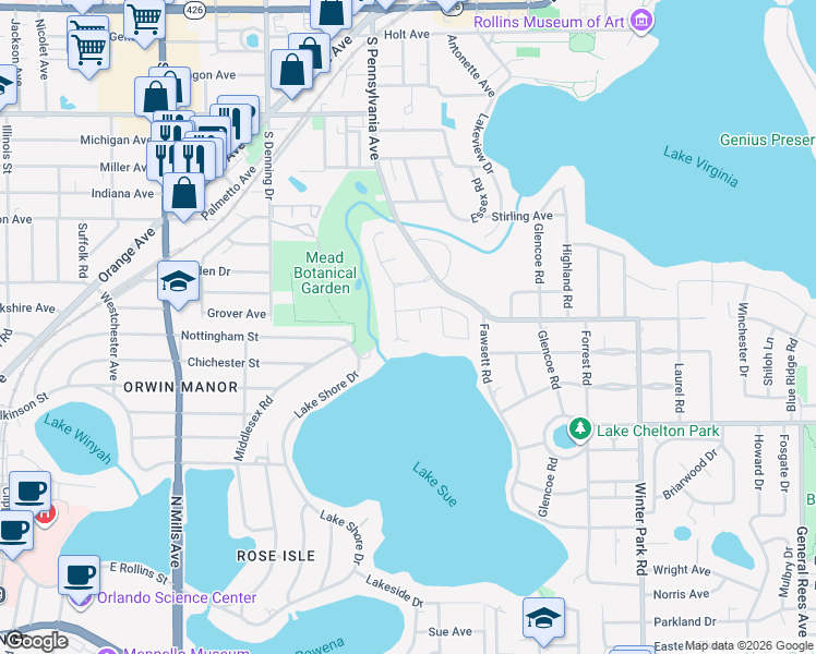 map of restaurants, bars, coffee shops, grocery stores, and more near 1728 Barcelona Way in Winter Park