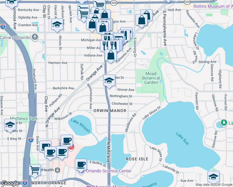 map of restaurants, bars, coffee shops, grocery stores, and more near 942 Grover Avenue in Winter Park