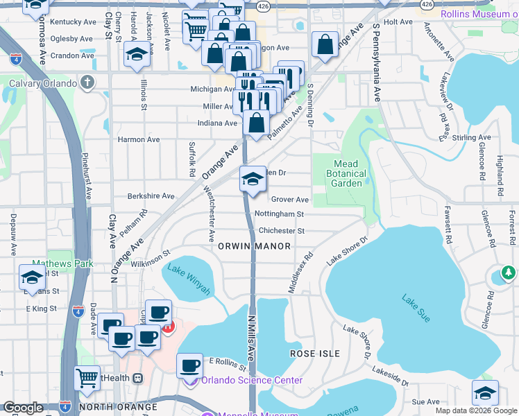 map of restaurants, bars, coffee shops, grocery stores, and more near 1600 Orlando Avenue in Winter Park