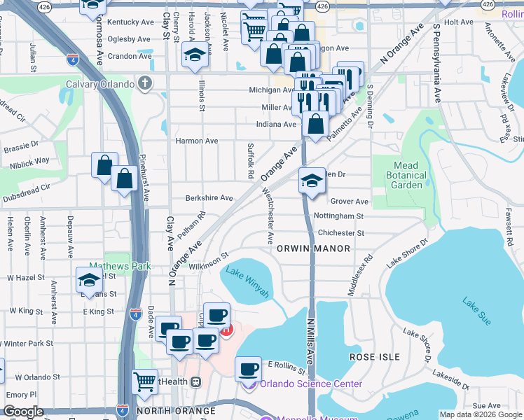 map of restaurants, bars, coffee shops, grocery stores, and more near 1345 Westchester Avenue in Winter Park