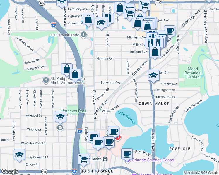 map of restaurants, bars, coffee shops, grocery stores, and more near 1500 Berkshire Avenue in Winter Park
