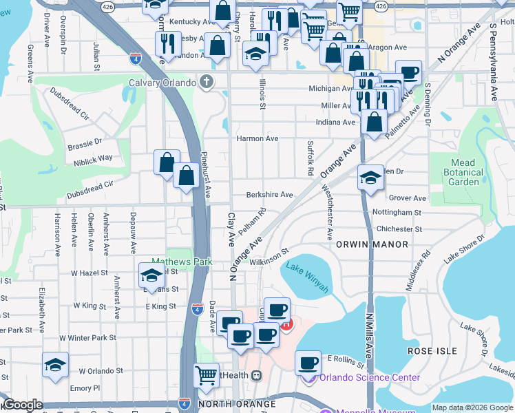 map of restaurants, bars, coffee shops, grocery stores, and more near 1640 Berkshire Avenue in Winter Park