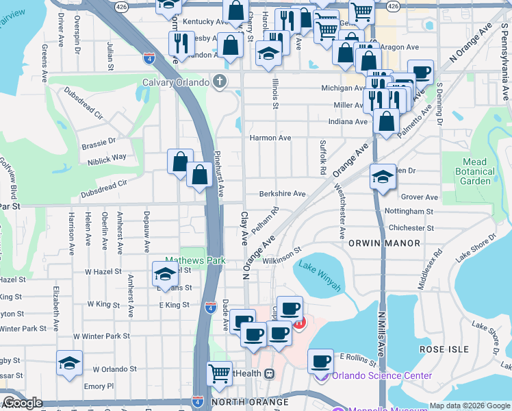 map of restaurants, bars, coffee shops, grocery stores, and more near 1640 Berkshire Avenue in Winter Park