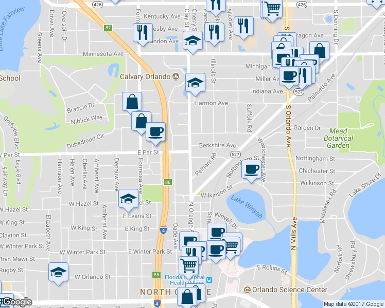 map of restaurants, bars, coffee shops, grocery stores, and more near 325 East Par Street in Orlando