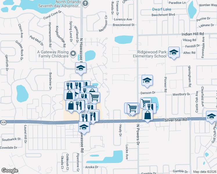 map of restaurants, bars, coffee shops, grocery stores, and more near 2685 Environs Boulevard in Pine Hills