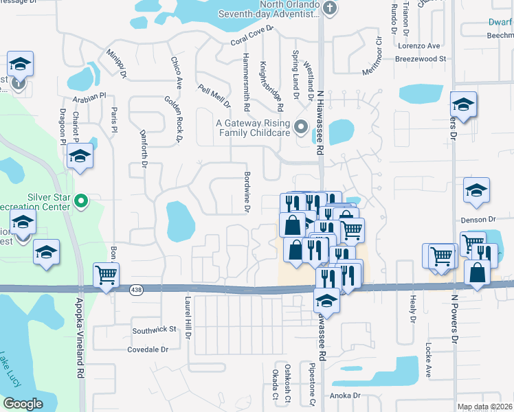 map of restaurants, bars, coffee shops, grocery stores, and more near 7106 Hickory Branch Circle in Orlando