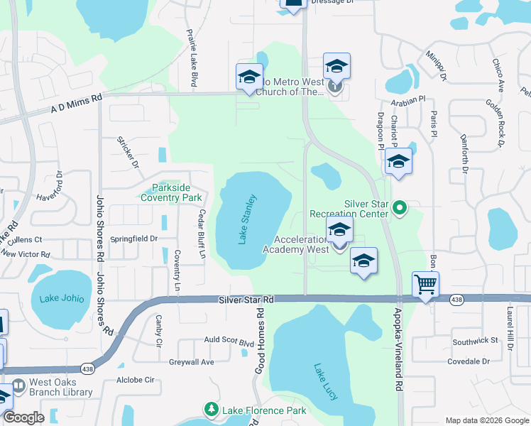 map of restaurants, bars, coffee shops, grocery stores, and more near 3000 Lake Stanley Road in Orlando