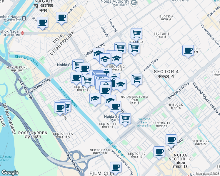 map of restaurants, bars, coffee shops, grocery stores, and more near in Noida