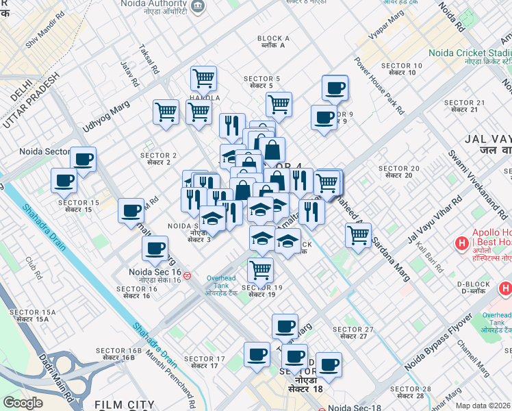 map of restaurants, bars, coffee shops, grocery stores, and more near in Noida