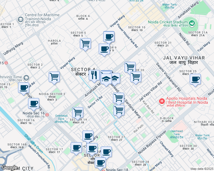 map of restaurants, bars, coffee shops, grocery stores, and more near in Noida