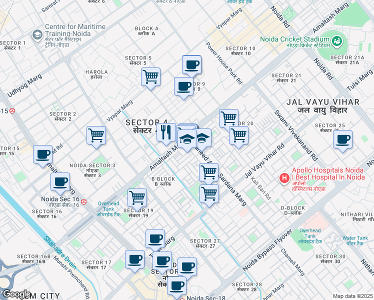 map of restaurants, bars, coffee shops, grocery stores, and more near in Noida