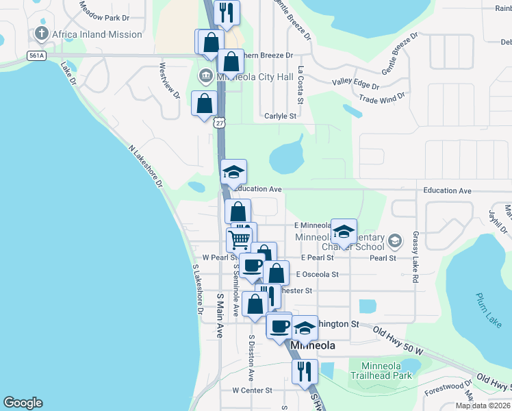 map of restaurants, bars, coffee shops, grocery stores, and more near 217 Ridge Crest Loop in Minneola
