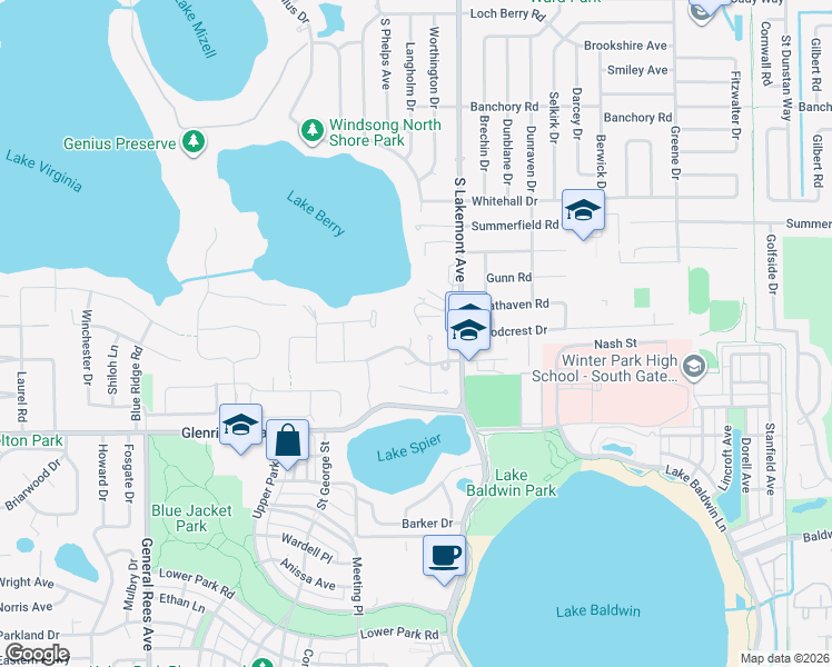 map of restaurants, bars, coffee shops, grocery stores, and more near 1244 Melissa Court in Winter Park