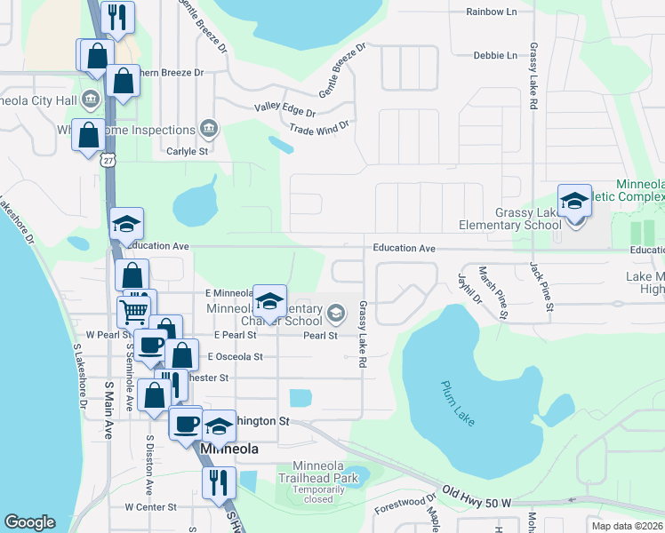 map of restaurants, bars, coffee shops, grocery stores, and more near 424 Whitewing Circle in Minneola