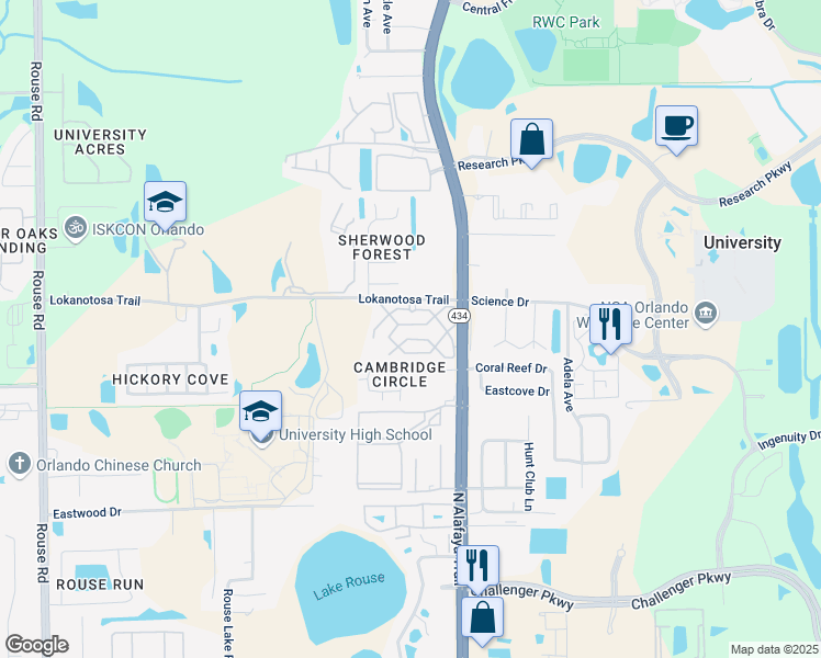 map of restaurants, bars, coffee shops, grocery stores, and more near 12039 Red Ibis Lane in Orlando