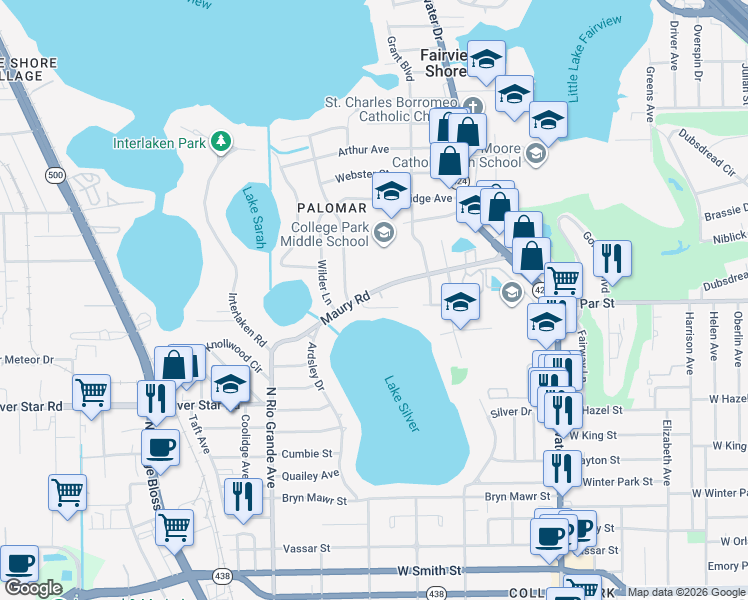 map of restaurants, bars, coffee shops, grocery stores, and more near in Orlando
