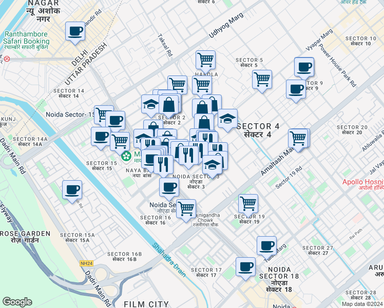 map of restaurants, bars, coffee shops, grocery stores, and more near 4 Vyapar Marg in Noida