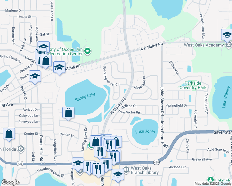 map of restaurants, bars, coffee shops, grocery stores, and more near 880 Cool Springs Circle in Ocoee