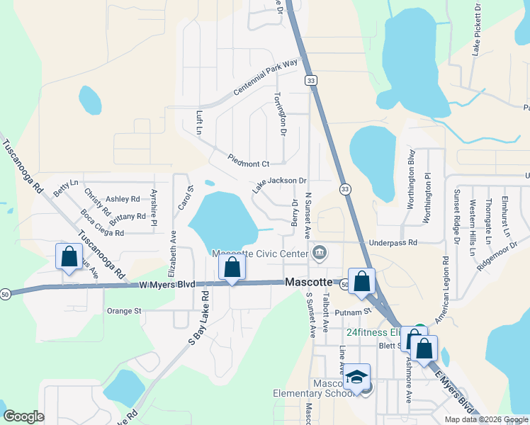 map of restaurants, bars, coffee shops, grocery stores, and more near 53 Lake Jackson Drive in Mascotte