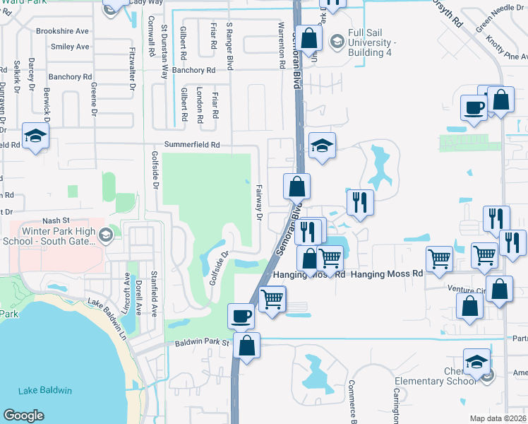map of restaurants, bars, coffee shops, grocery stores, and more near 1116 Fairway Drive in Winter Park
