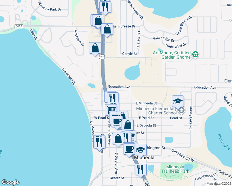 map of restaurants, bars, coffee shops, grocery stores, and more near 217 Ridge Crest Loop in Minneola