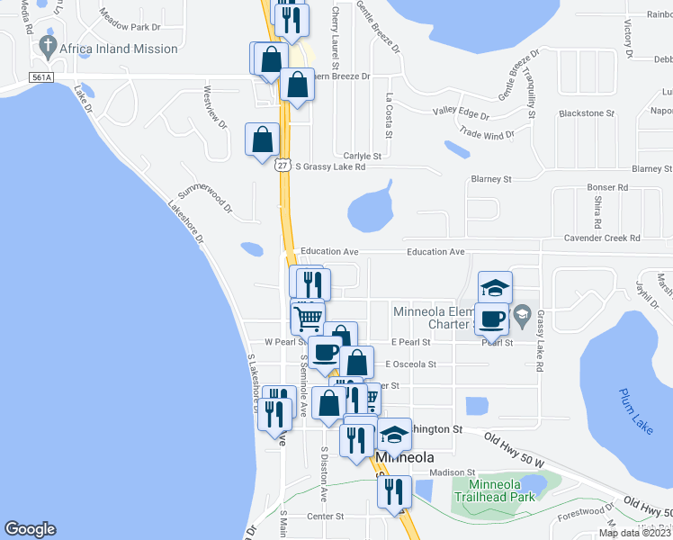 map of restaurants, bars, coffee shops, grocery stores, and more near 219 Ridge Crest Loop in Minneola