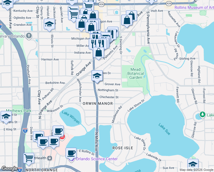 map of restaurants, bars, coffee shops, grocery stores, and more near 942 Grover Avenue in Winter Park