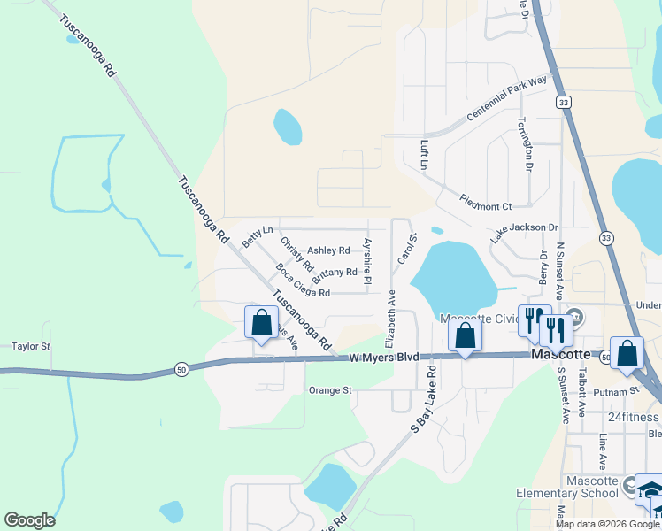 map of restaurants, bars, coffee shops, grocery stores, and more near 113 Brittany Road in Mascotte